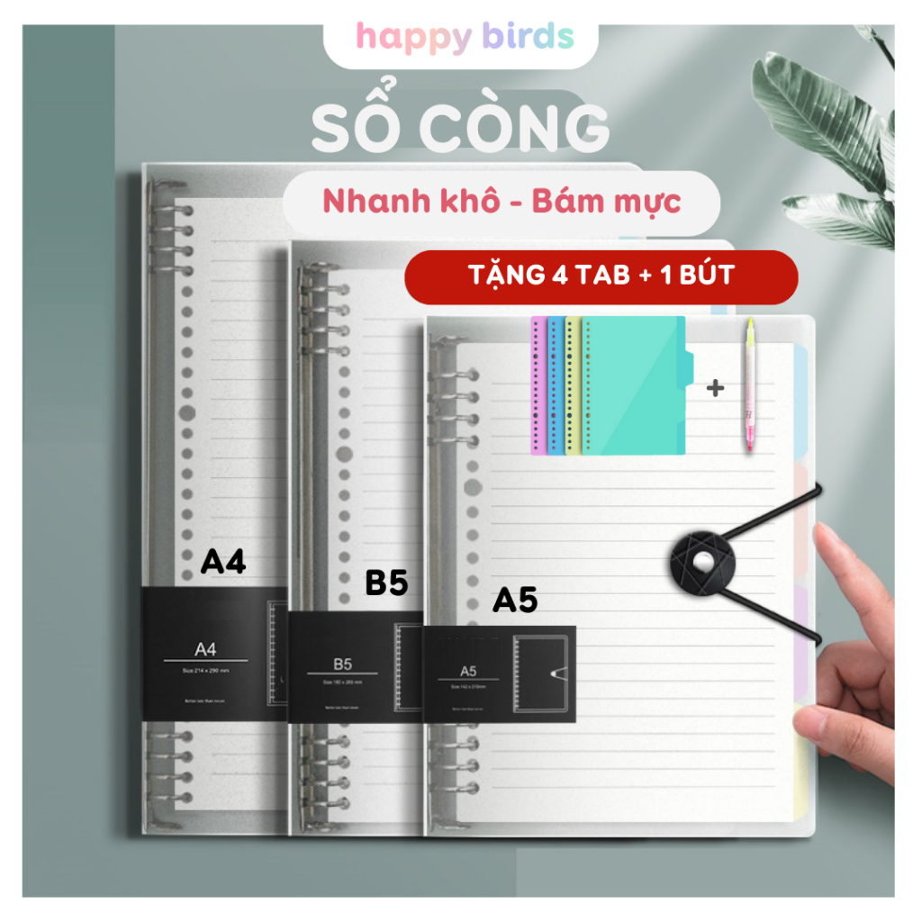 Sổ còng A4 B5 A5 A6 dày ruột giấy refill kẻ ngang caro chấm sổ tay binder dây chun sổ lò xo planner 