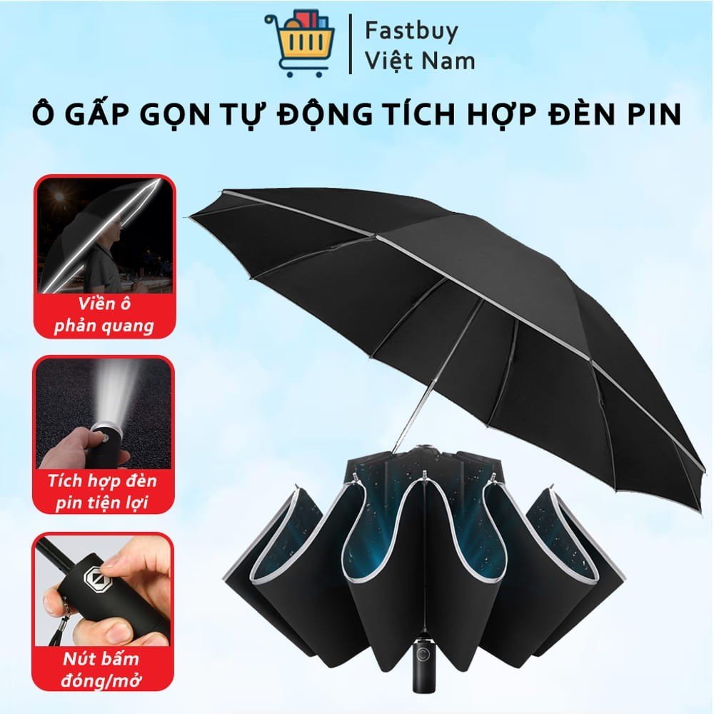 Ô tự động hai chiều cao cấp, dù đóng mở tự động có kèm đèn pin tiện lợi