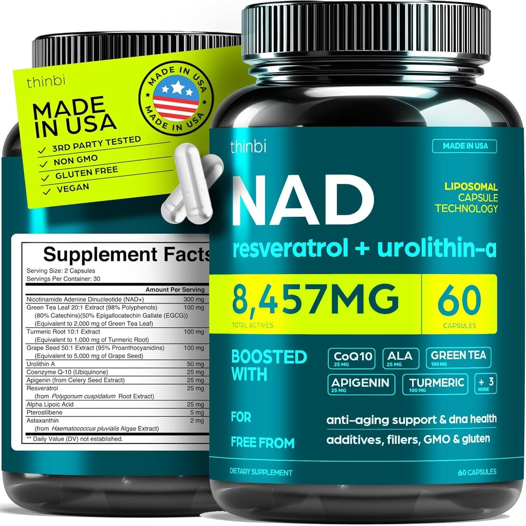 Thực phẩm bổ sung NAD 8457mg, dạng Liposomal, thay thế NMN, tăng cường sức mạnh, bổ sung Trà xanh dành cho nam và nữ, chứa Urolithin A, Resveratrol, CoQ10, Alpha Lipoic Acid. Giá 453,077 Đồng*Miễn phí vận chuyển