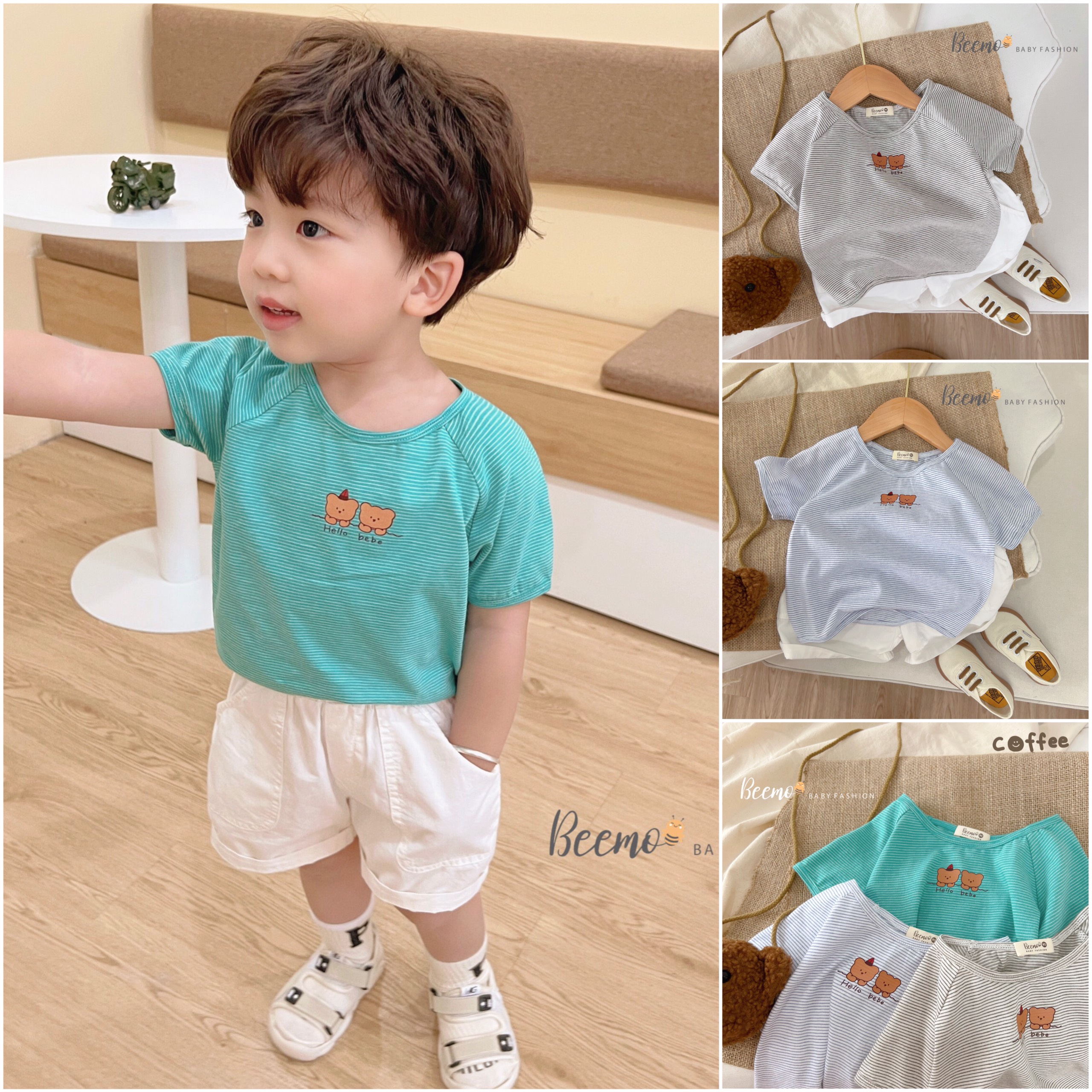 CHÍNH HÃNG Áo trẻ em họa tiết gấu đáng yêu phối kẻ BEEMO