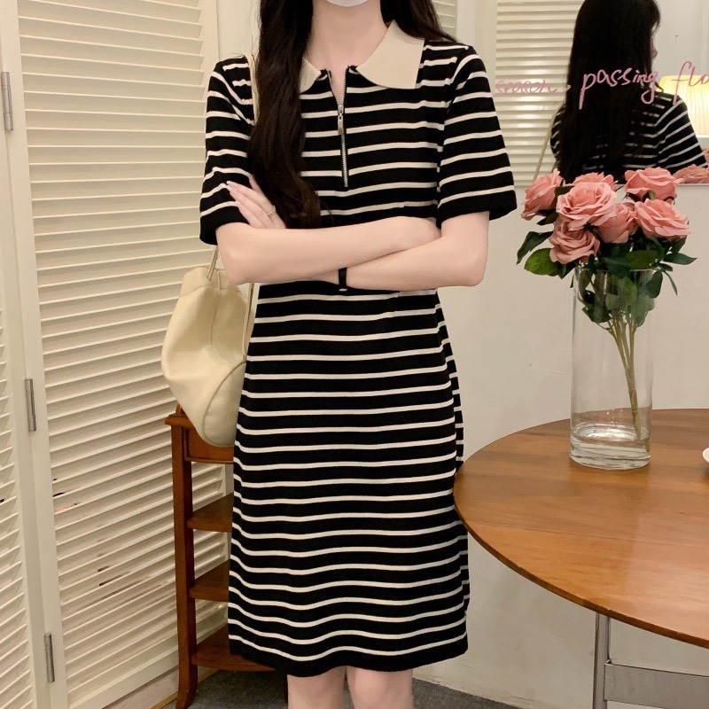 Váy suông , đầm polo kẻ sọc kéo khoá cổ from rộng dáng dài