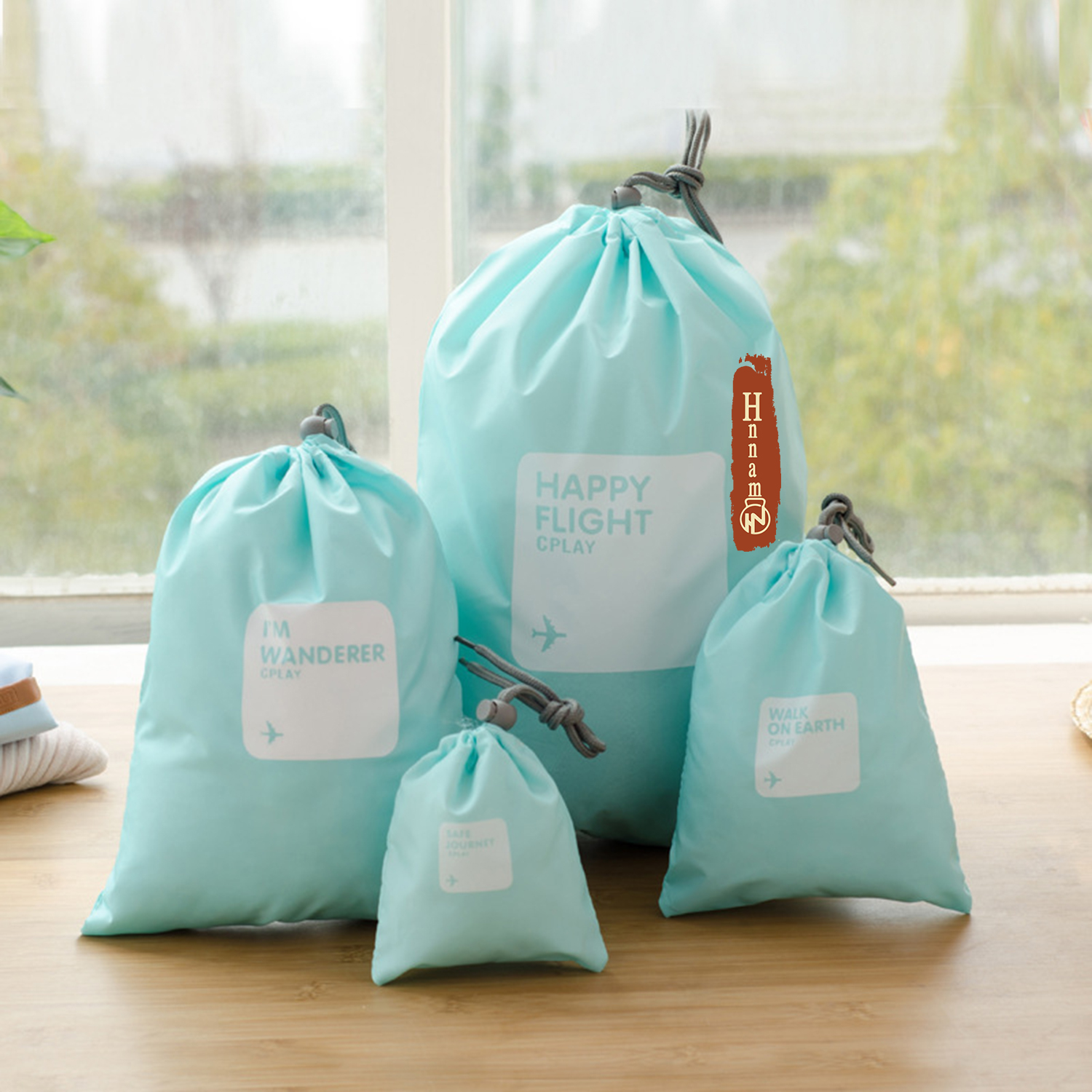 Túi Dây Rút Chống Thấm Nước Happy Flight - Bộ 4 Túi Đựng Đồ Tiện Lợi Cho Du Lịch màu xanh dương