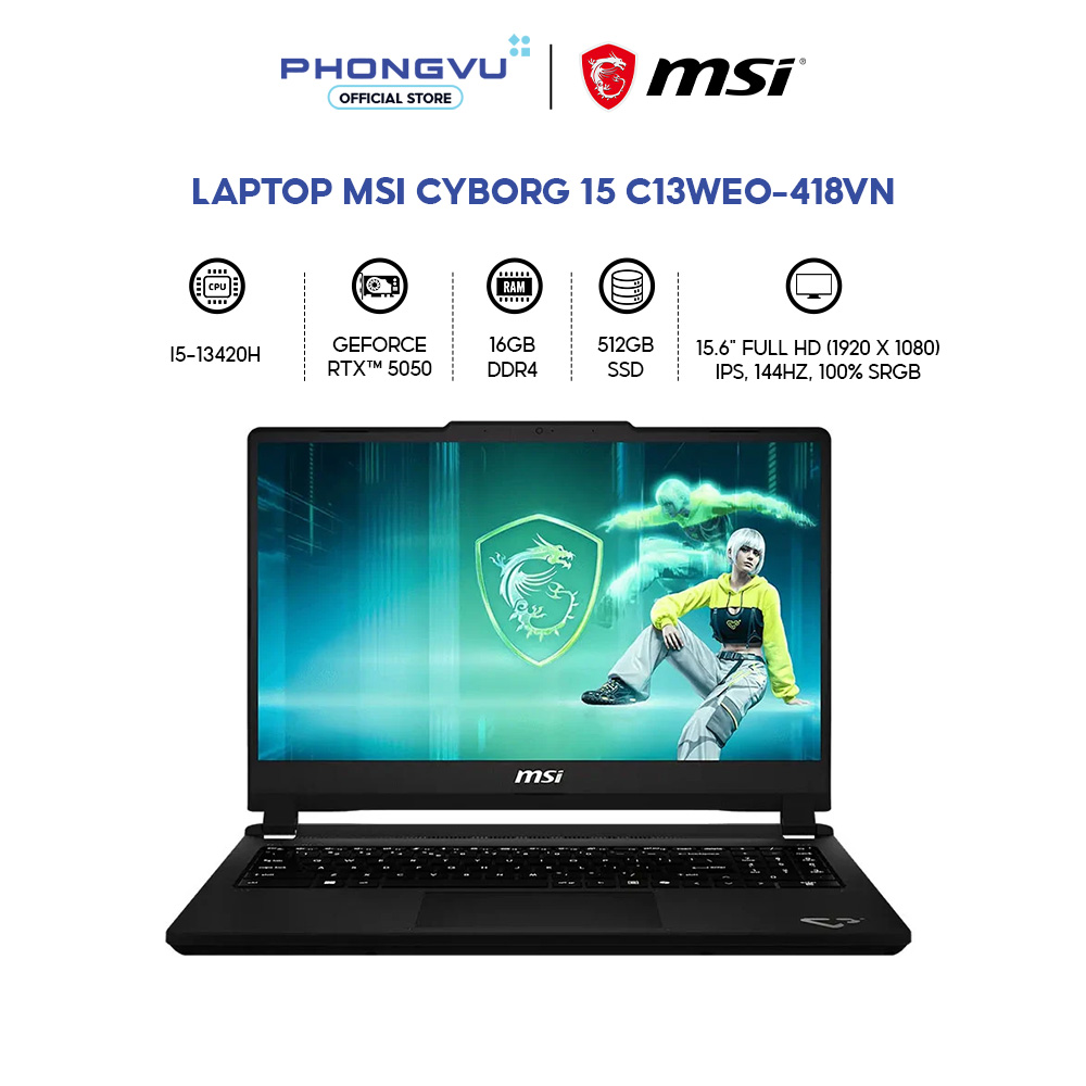 Laptop Msi Cyborg 15 C13WEO-418VN (Core i5-13420H/ GeForce RTX 5050/ 16GB/ 512GB/ Windows 11 Home) - Bảo hành 24 tháng