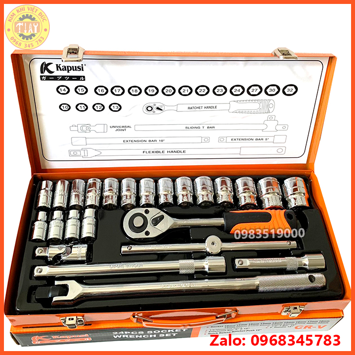 Bộ tuýp khẩu chính hãng Kapusi 24 chi tiết hệ 1/2 inch chuyên để sửa xe máy, ô tô