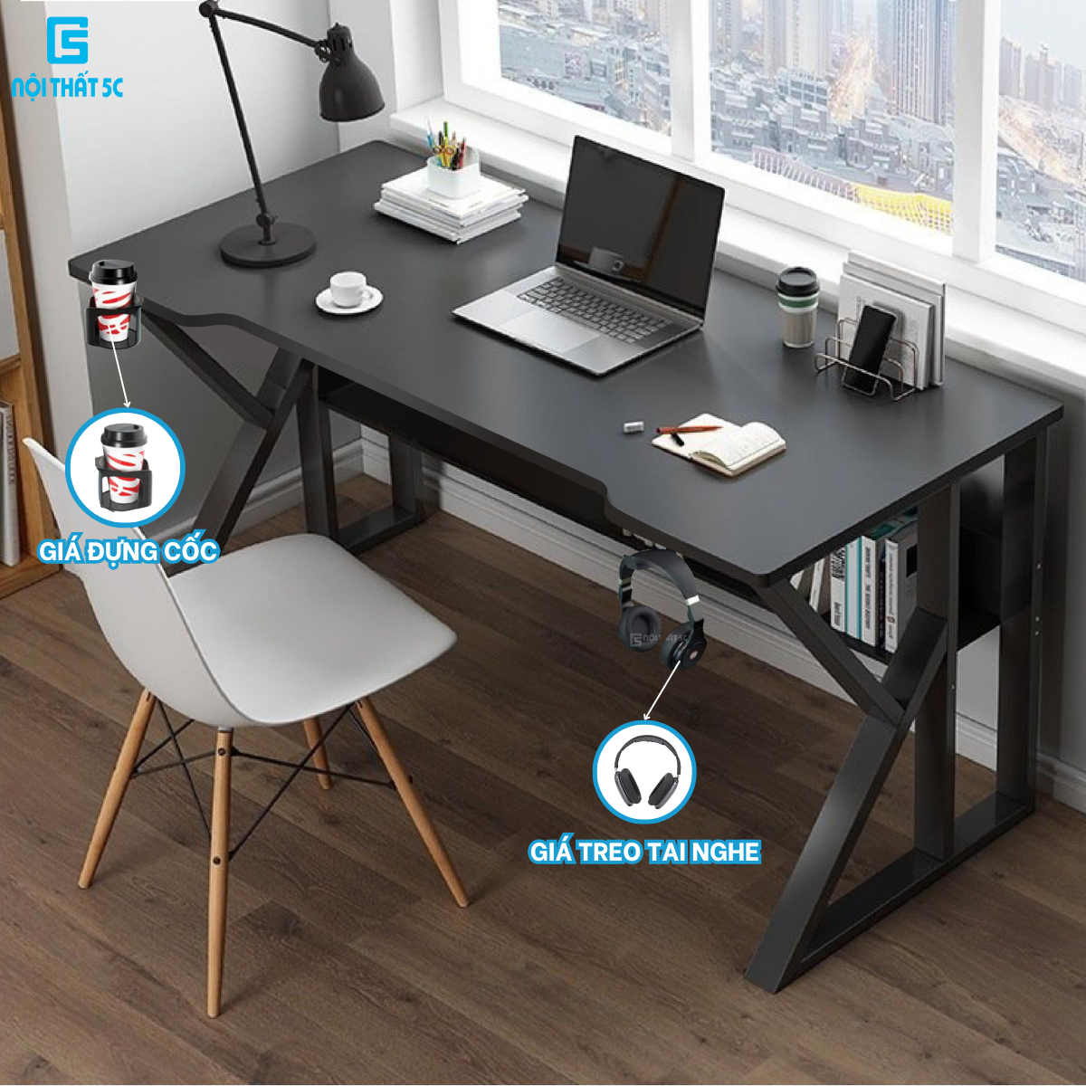 Bàn Gaming có kệ lửng, bàn để máy tính có 2 thanh đỡ chịu lực dưới mặt bàn, chân bàn thiết kế độc đáo sơn sắt hộp sơn tĩnh điện chống han gỉ