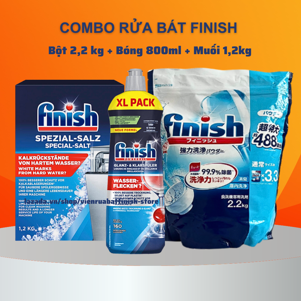 Combo Bột rửa bát Finish 2,2 kg + Bóng Finish 800ml + Muối Finish 1,2kg chuyên dùng cho máy rửa chén máy rửa bát