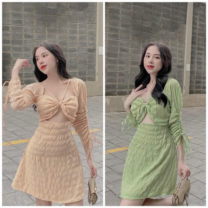 Đầm hotgirl tay dài rút nhún khoét eo sexy