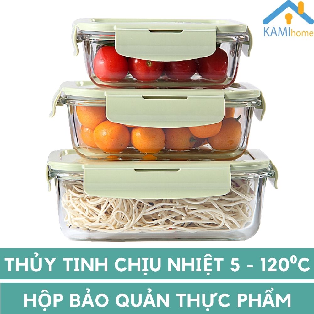 Hộp cơm thủy tinh ăn trưa văn phòng dùng lò vi sóng (Loại 1 ngăn Chữ nhật hoặc Tròn) kiêm Hộp bảo quản thực phẩm Nắp chân không chống tràn MS 20068