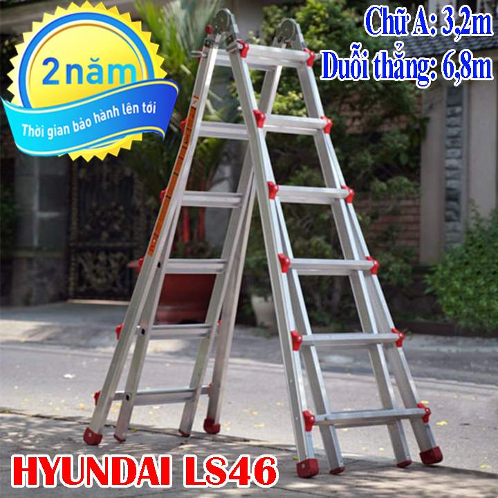 Thang nhôm gấp trượt Hyundai LS46, mở rộng có độ rộng chân thang 63.8cm và chiều rộng đỉnh thang 30cm. Chiều cao tối đa chữ I là 6.8m với khoảng cách bậc là 28cm, bạn có thể dễ dàng lên/xuống.