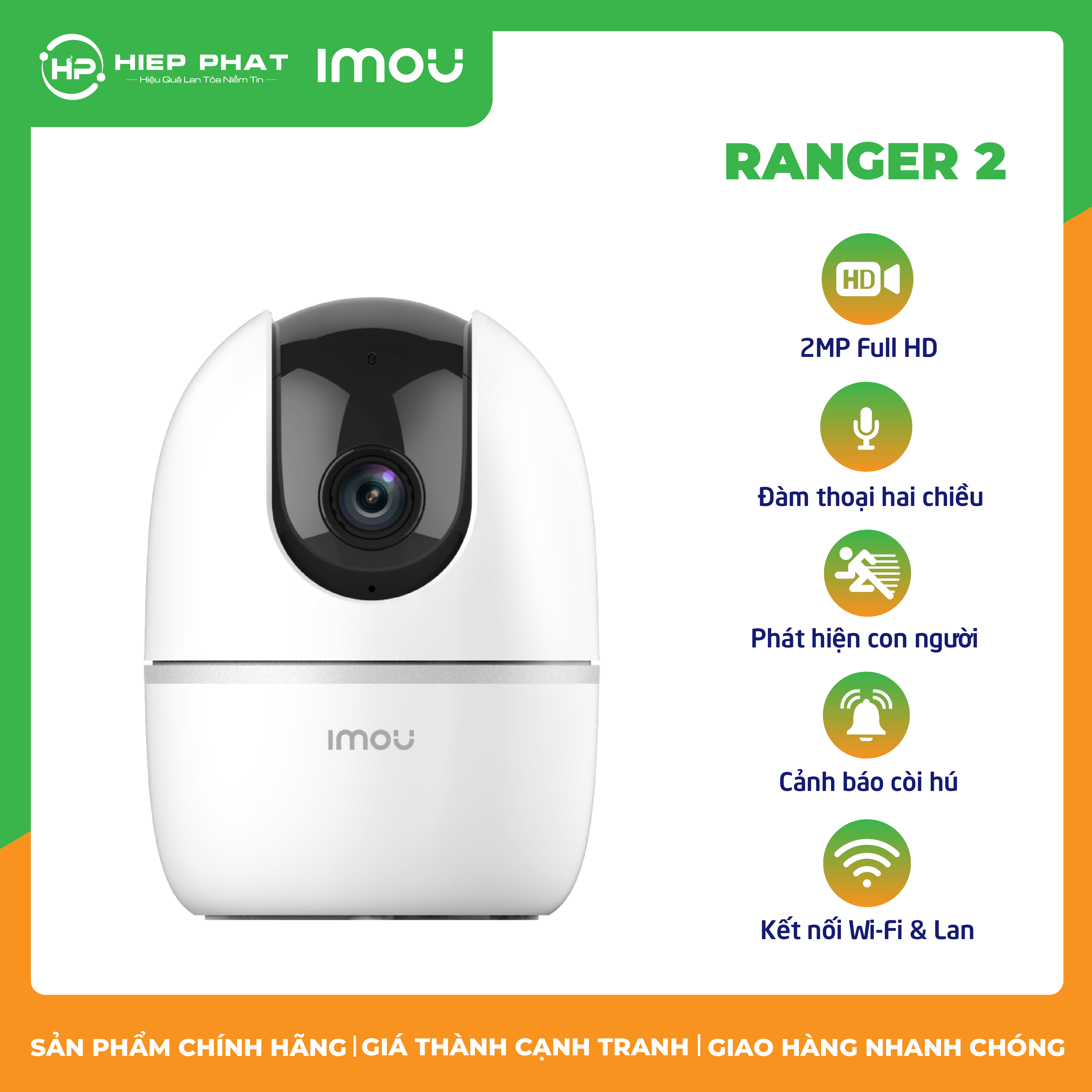 Camera WiFi Imou Ranger 2 1080P 2MP I IPC-A22EP-D I Đàm Thoại 2 Chiều I Phát Hiện Con Người I Cảnh Báo Âm Thanh Lạ I Xoay 360 Độ