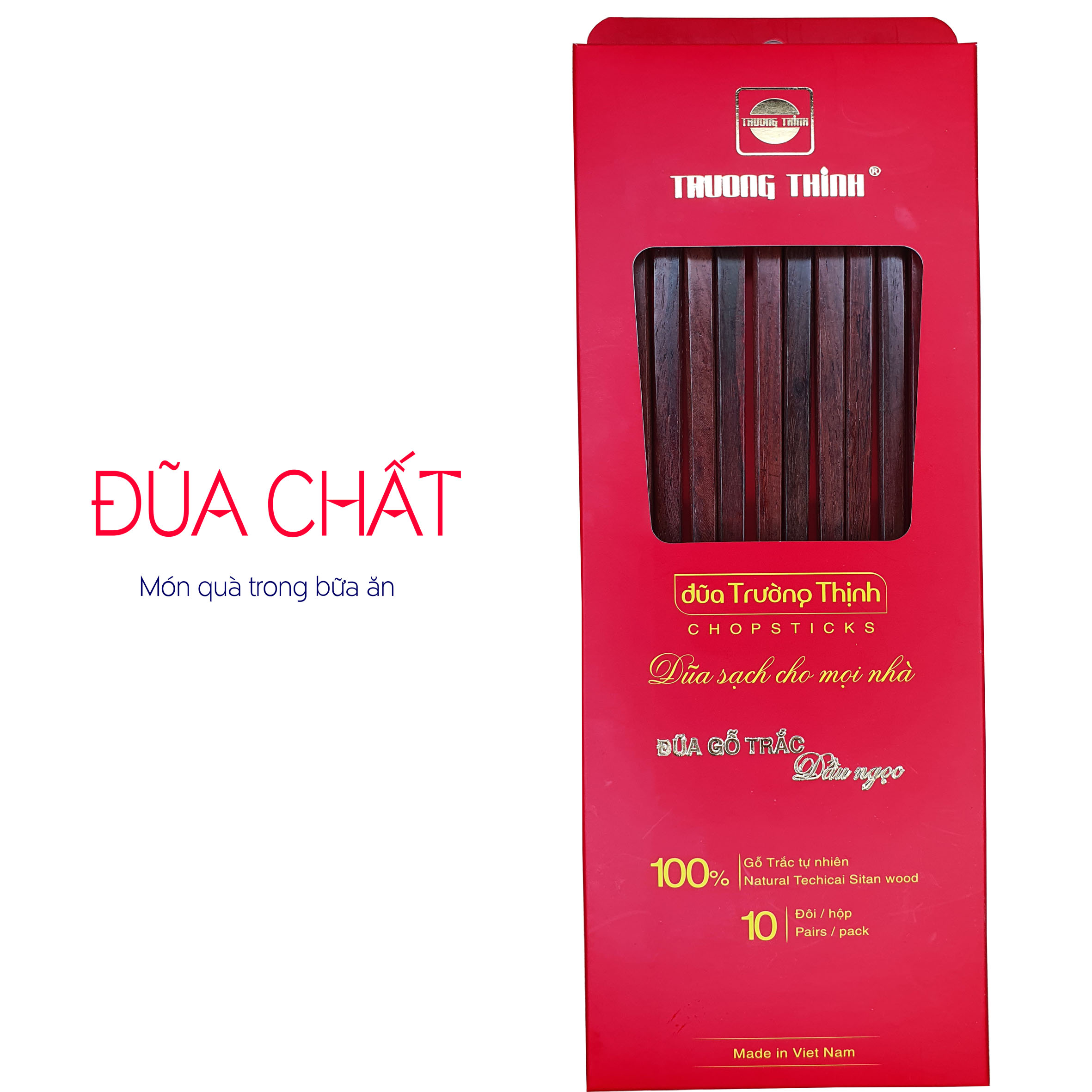 Đũa dùng ăn 100% gỗ trắc thương hiệu trường thịnh - hộp màu đỏ - 10 đôi trơn vuông.