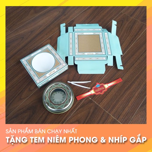 9*2cm-Trọn bộ hộp thiếc và giấy xanh ngọc đựng saffron tặng tem và nhíp 3-10gr