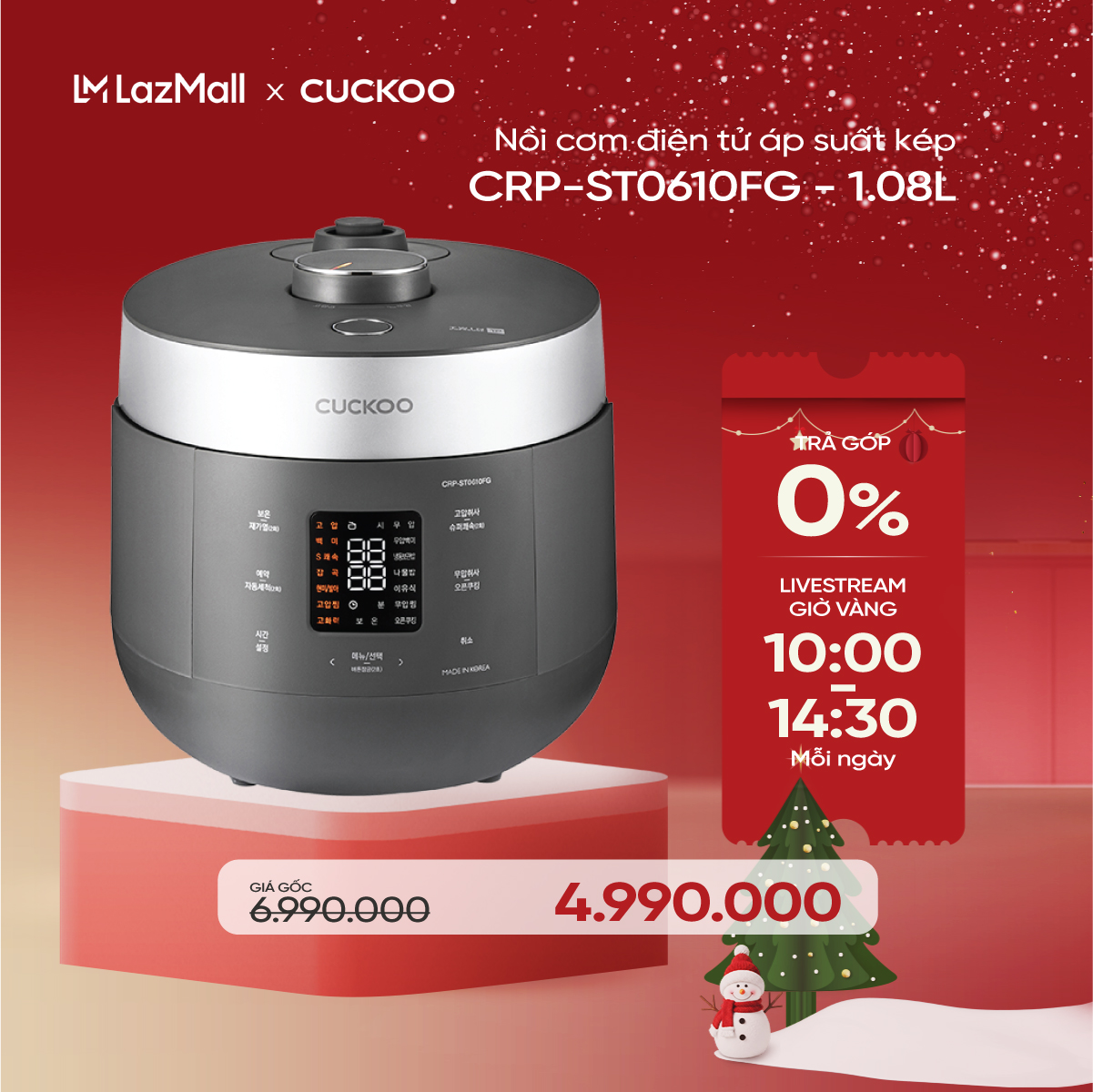 Nồi cơm điện tử áp suất kép Cuckoo 1.08L CRP-ST0610FG - Lòng nồi phủ men Xwall độc quyền - Bảng điều khiển thông minh - Nhiều chế độ nấu ăn - Sản xuất tại Hàn Quốc