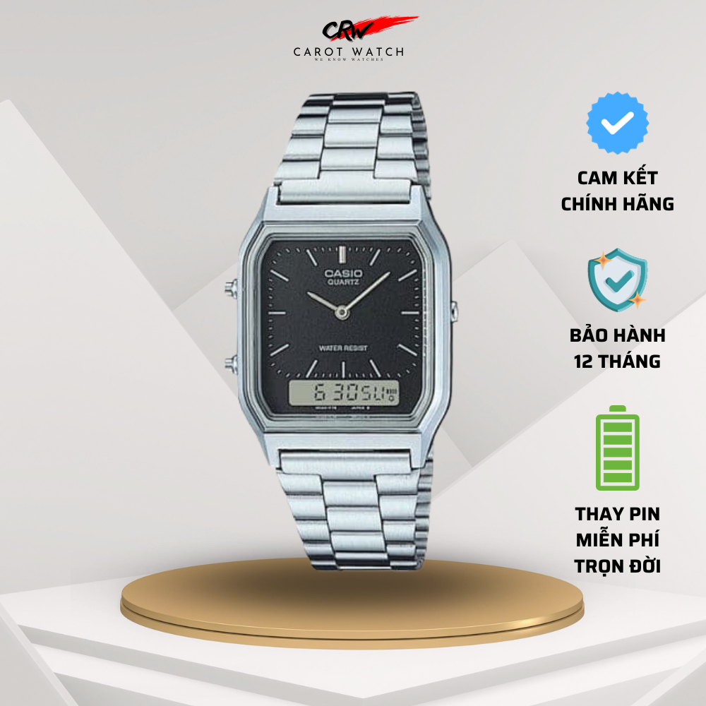 Đồng hồ nam nữ casio aq 230a 1a mặt đen