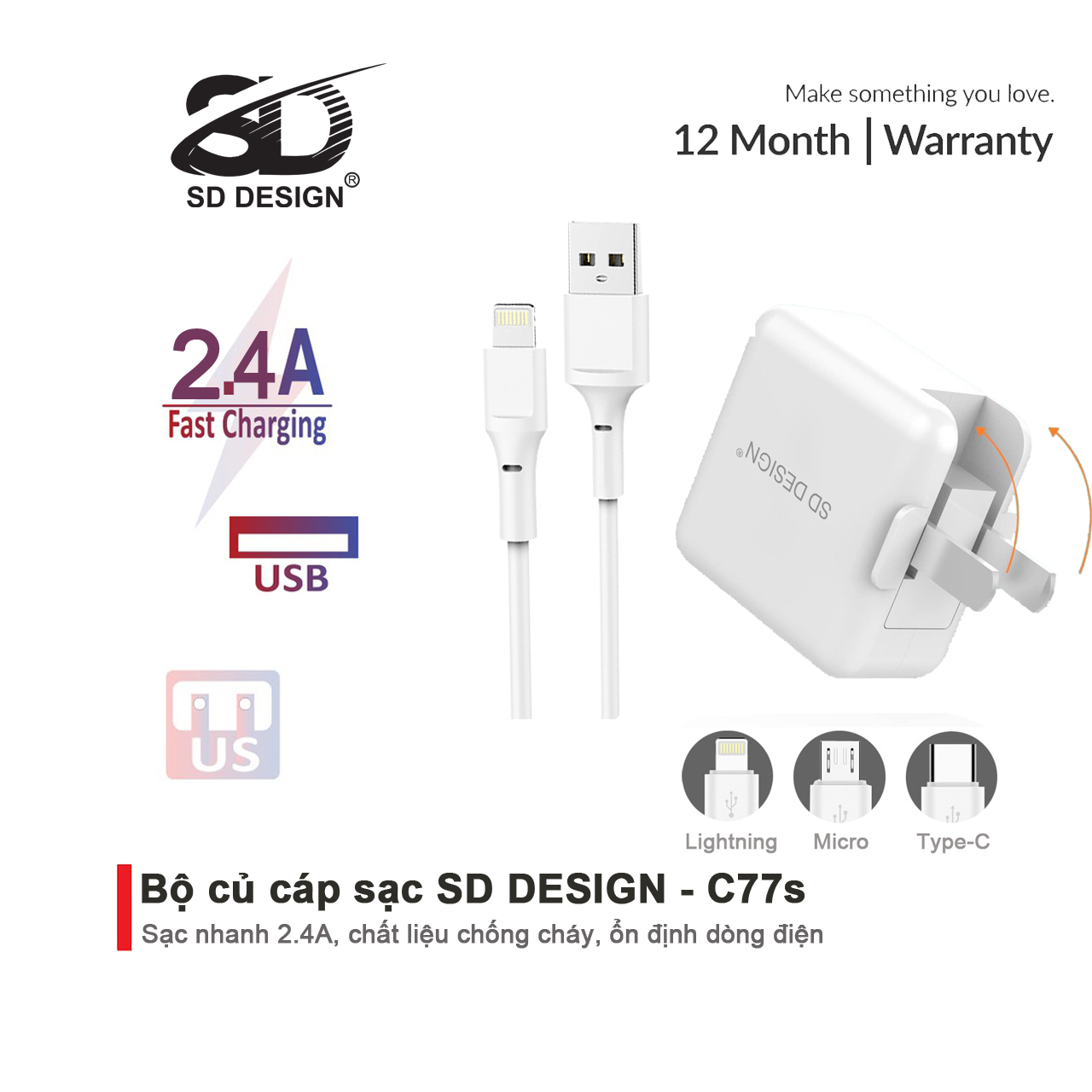 Bộ Củ + Cáp Sạc C77s chính hãng SD DESIGN chân gập 90 độ sạc nhanh an toàn cho điện thoại iphone, samsung, oppo