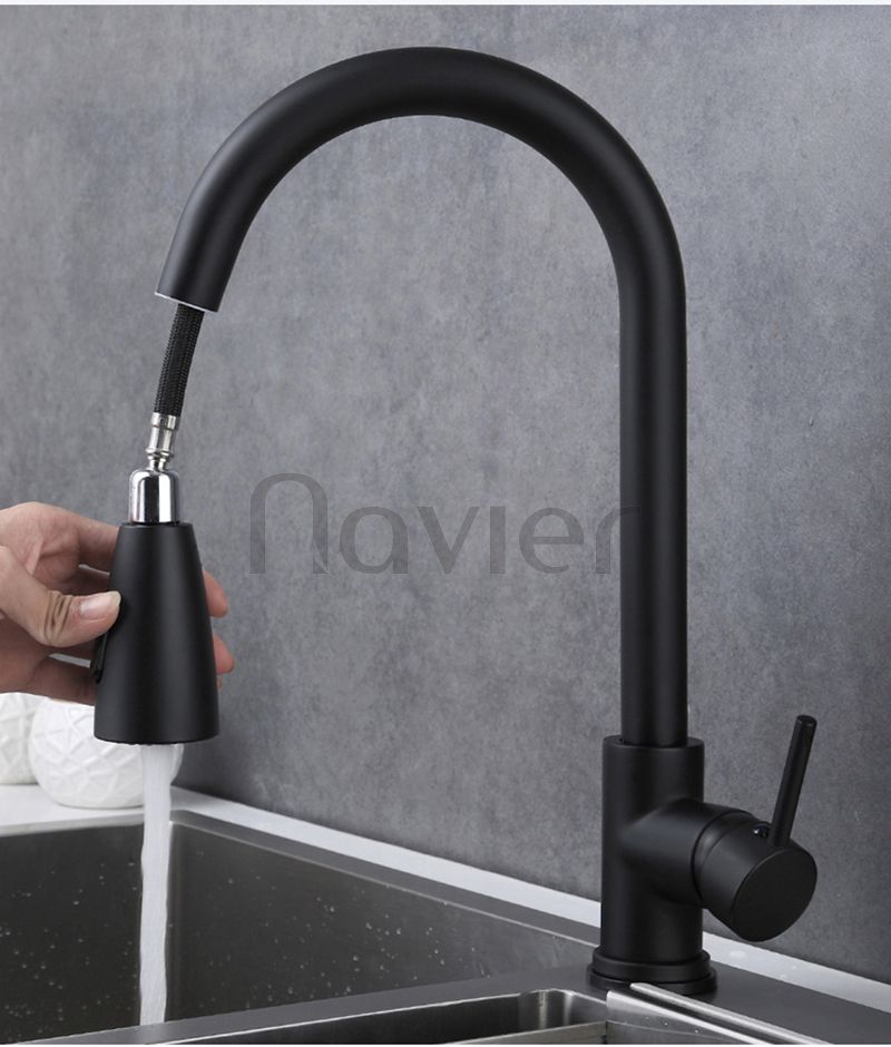 Vòi chén nóng lạnh đầu rút, vòi rửa bát rút dây sơn đen tĩnh điện Navier tặng kèm dây cấp nóng lạnh