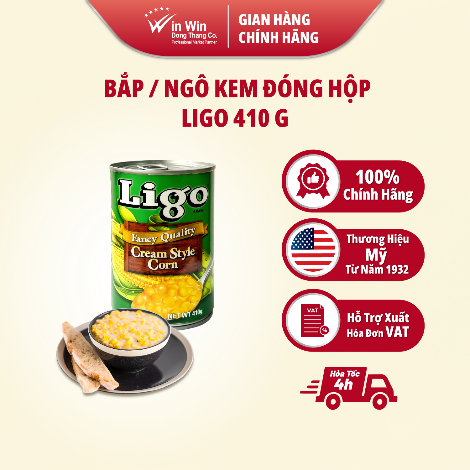 Bắp / Ngô Kem Đóng Hộp Ligo 410 g - Thương Hiệu Mỹ, SX Thái Lan | Ligo Canned Cream Style Corn 410 g