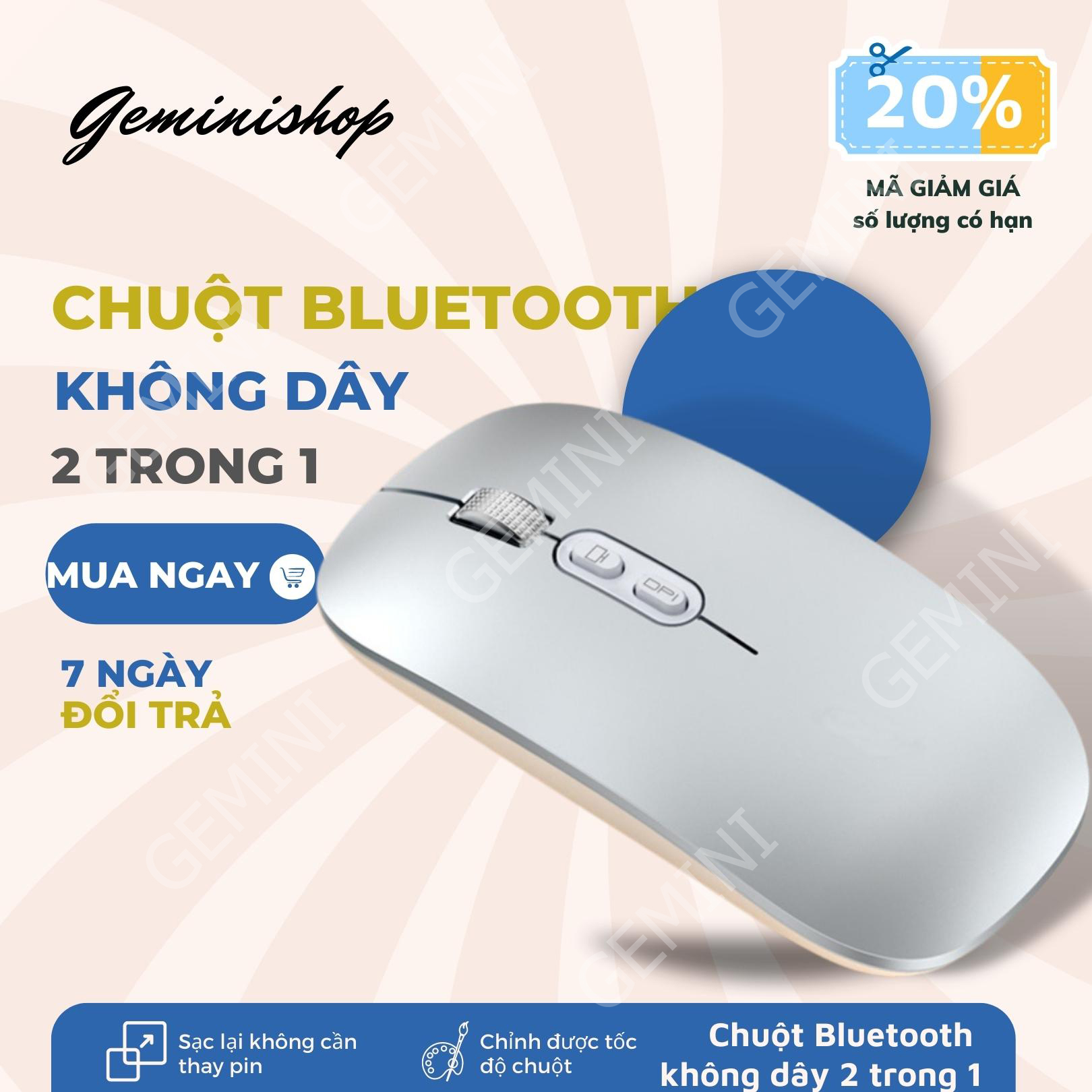 Chuột Bluetooth kiêm chuột không dây 2 in 1, PIN SẠC M103 cho điện thoại laptop máy tính bảng GEMINI SHOP