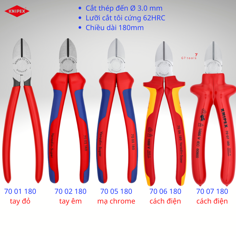 Kìm cắt mũi thon chiều dài 180mm knipex 70 01 180/ 70 02 180/ 70 05 180/ 70 06 180 & cách điện cán đúc 70 07 180 lưỡi 62 hrc sản xuất tại đức