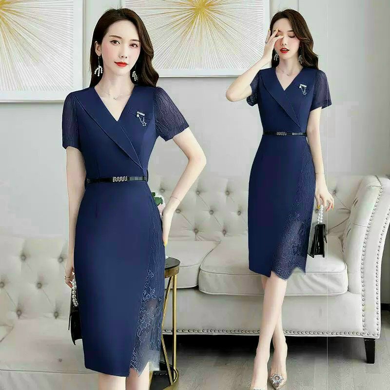 Đầm trung niên phối ren cổ v kèm nịt và phụ kiện đính đá