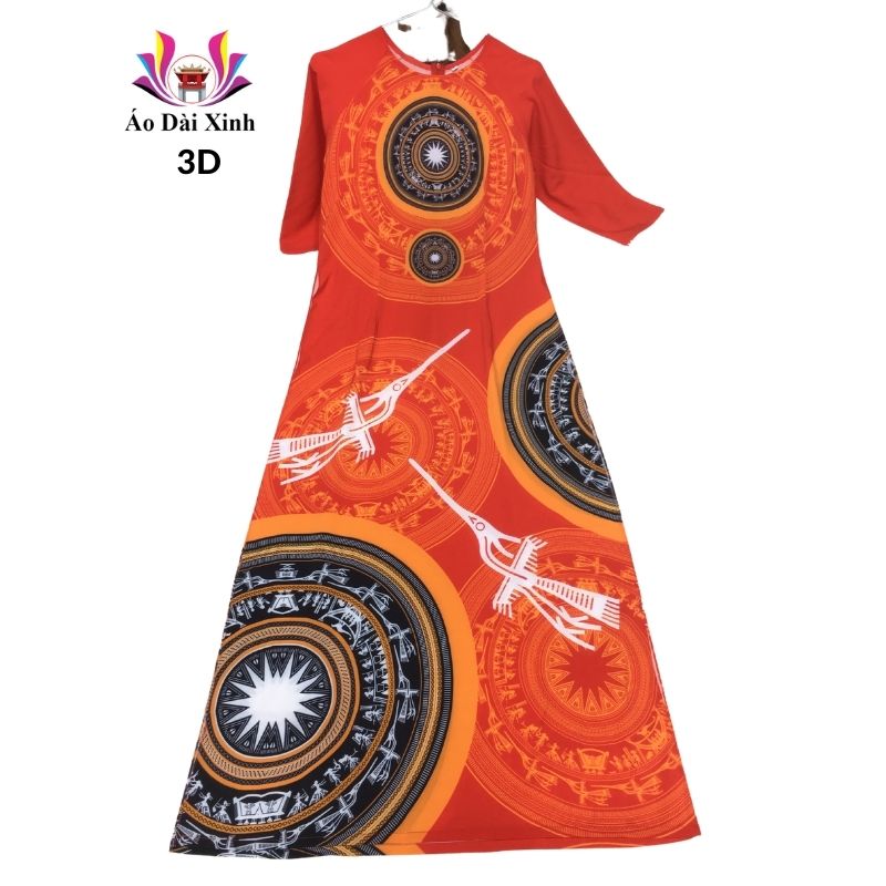 Áo dài truyền thống in 3D lụa Nhật cổ tròn tay lỡ màu cam trống đồng.