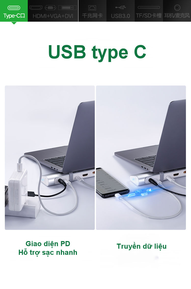Bộ chuyển đổi đa năng USB type C hỗ trợ 13 cổng đầu ra, cáp dài 0.5m UGREEN MM131 Bộ chuyển đổi đa năng USB type C hỗ trợ 13 cổng đầu ra, cáp dài 0.5m UGREEN MM131