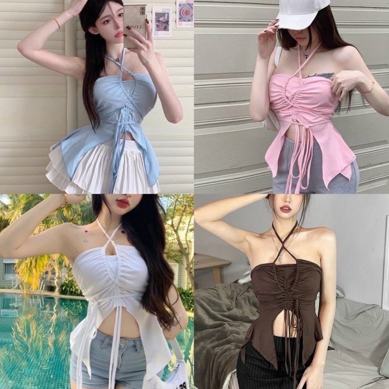 Áo yếm nữ cột dây rút ngực vạt nhọn xẻ giữa đuôi cá sành điệu TU