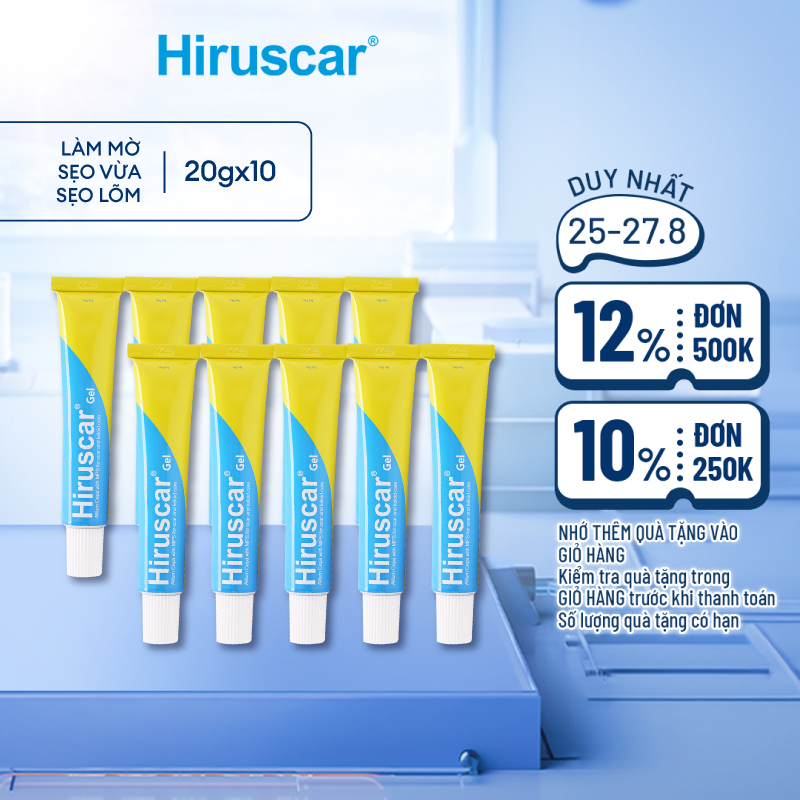 Combo 10 Gel cải thiện sẹo vừa, sẹo lõm, sẹo thâm Hiruscar Gel 20g