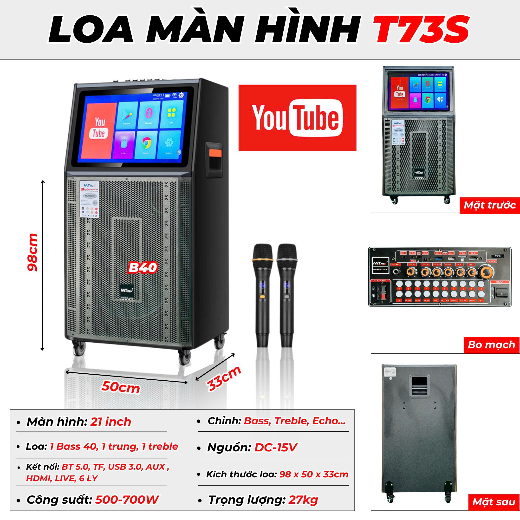  Loa Karaoke Có Màn Hình MTMAX T73S Màn Hình 21 Inch Công Suất 500W Micro Pin Sạc Chơi 30–40 Người Hát Karaoke Xem Phim giải trí Bảo Hành 12 Tháng 