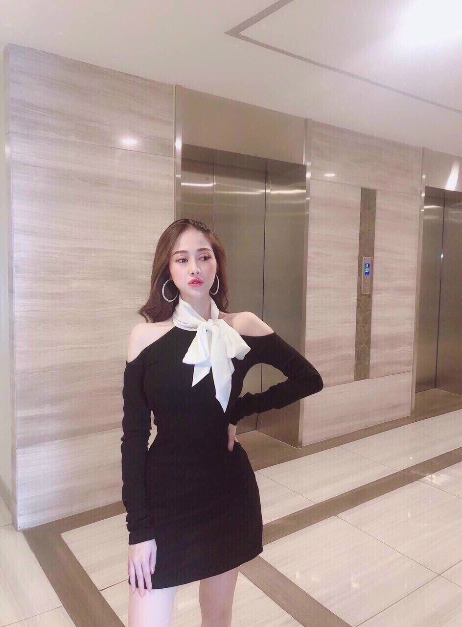 Đầm nữ, đầm body tay dài cột nơ cổ siêu xinh