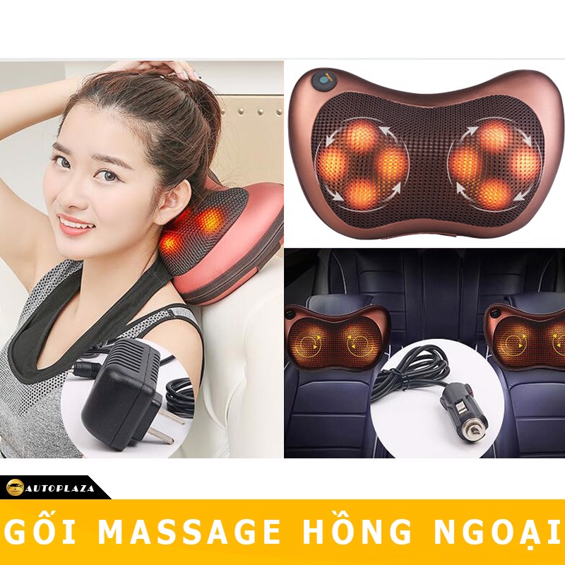 Gối Massage/ Gối mát xa 8 Bi Hồng Ngoại Công Nghệ Nhật Bản Đảo Chiều Kèm Đầu Cắm Sạc Trên Ô Tô