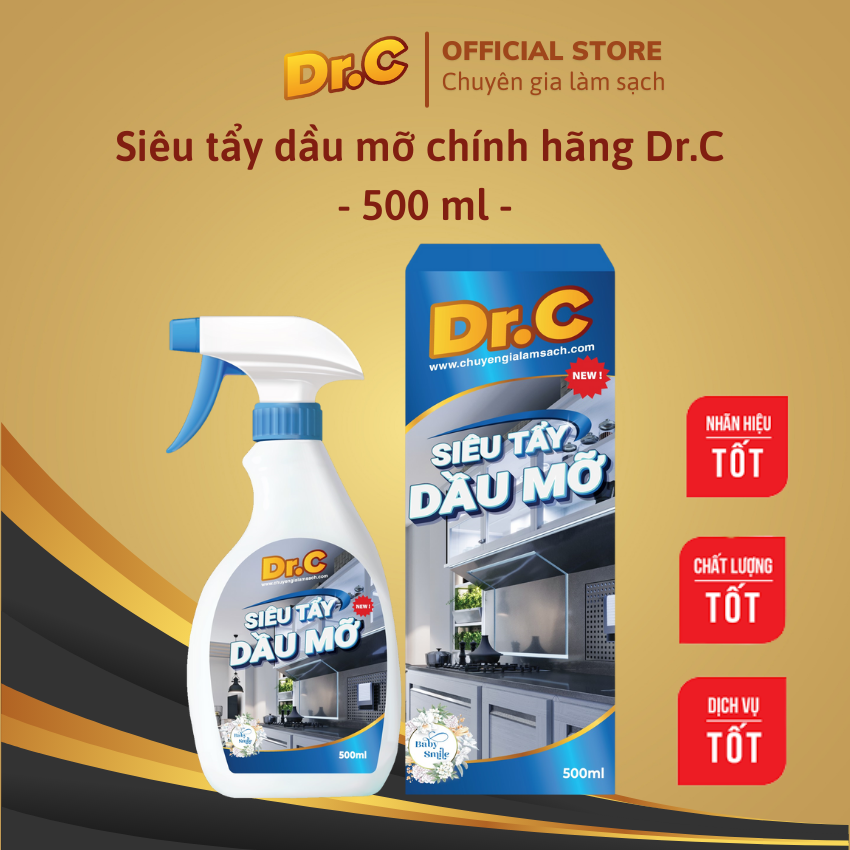 Siêu tẩy dầu mỡ, tẩy sạch lưới lọc máy hút mùi, mặt bếp ga, bếp từ, tường khu vực bếp, Dr.C, Chính Hãng, 500 ml