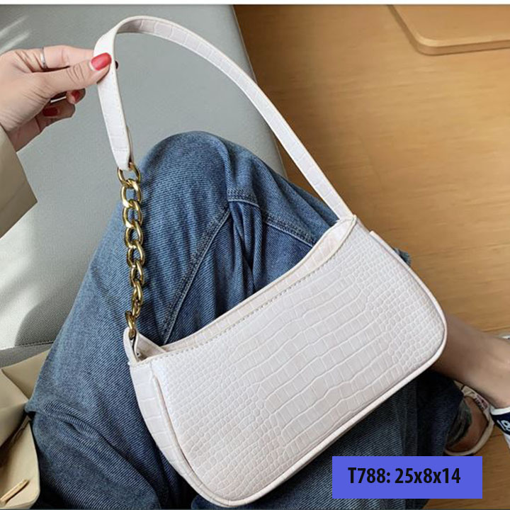 Túi xách đeo vai kẹp nách nữ da sần dây xích phối da cá tính T788