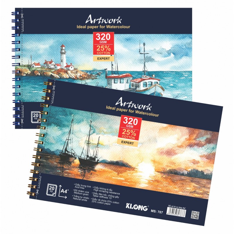 Sổ vẽ lò xo màu nước Artwork A4 320GSM - 25% cotton - 20 tờ; Klong 787