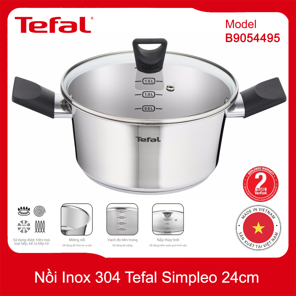 Nồi Inox 304 đường kính 24cm Tefal Simpleo B9054695 bảo hành chính hãng 5 năm, hàng xuất Pháp