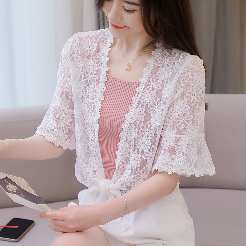 Áo khoác ren mỏng buộc nơ eo cá tính, áo choàng ren đi biển, áo ren nữ