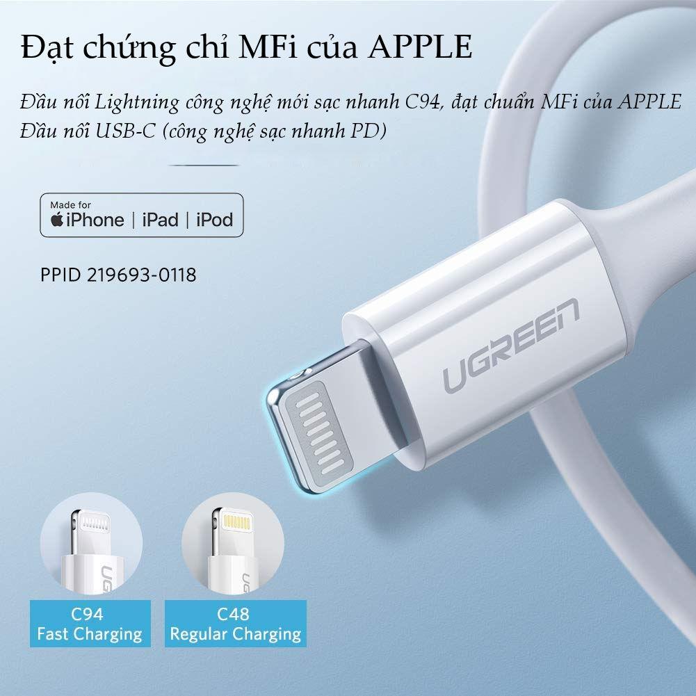 Cáp sạc nhanh USB-C sang Lightning MFI UGREEN US171 - Sạc nhanh 50% trong 30 phút cho iPhone 11 Pro Max / iPhone Xs Max / iPhone XR / iPhone 8 Plus, dài từ 0.25 - 2m Cáp sạc nhanh USB-C sang Lightning MFI UGREEN US171 - Sạc nhanh 50% trong 30 phút cho iPhone 11 Pro Max / iPhone Xs Max / iPhone XR / iPhone 8 Plus, dài từ 0.25 - 2m