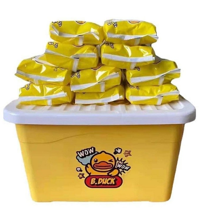 Thùng 10 gói khăn giấy ướt vịt vàng sẵn hàng + tặng kèm thùng nhựa tiện dụng siêu đán