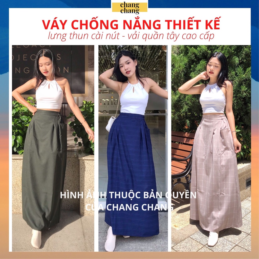 Váy chống nắng xếp ly lưng thun cài nút chang chang, 2 túi hông to đựng đồ thoải mái, quây che nắng thời trang