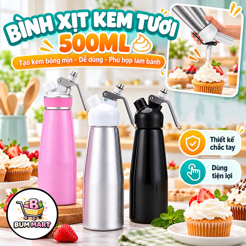 Bình Tạo Kem Tươi 500ml Cream Whipper, Bình Xịt Whipping Cream Làm Topping Trang Trí Bánh Cà Phê