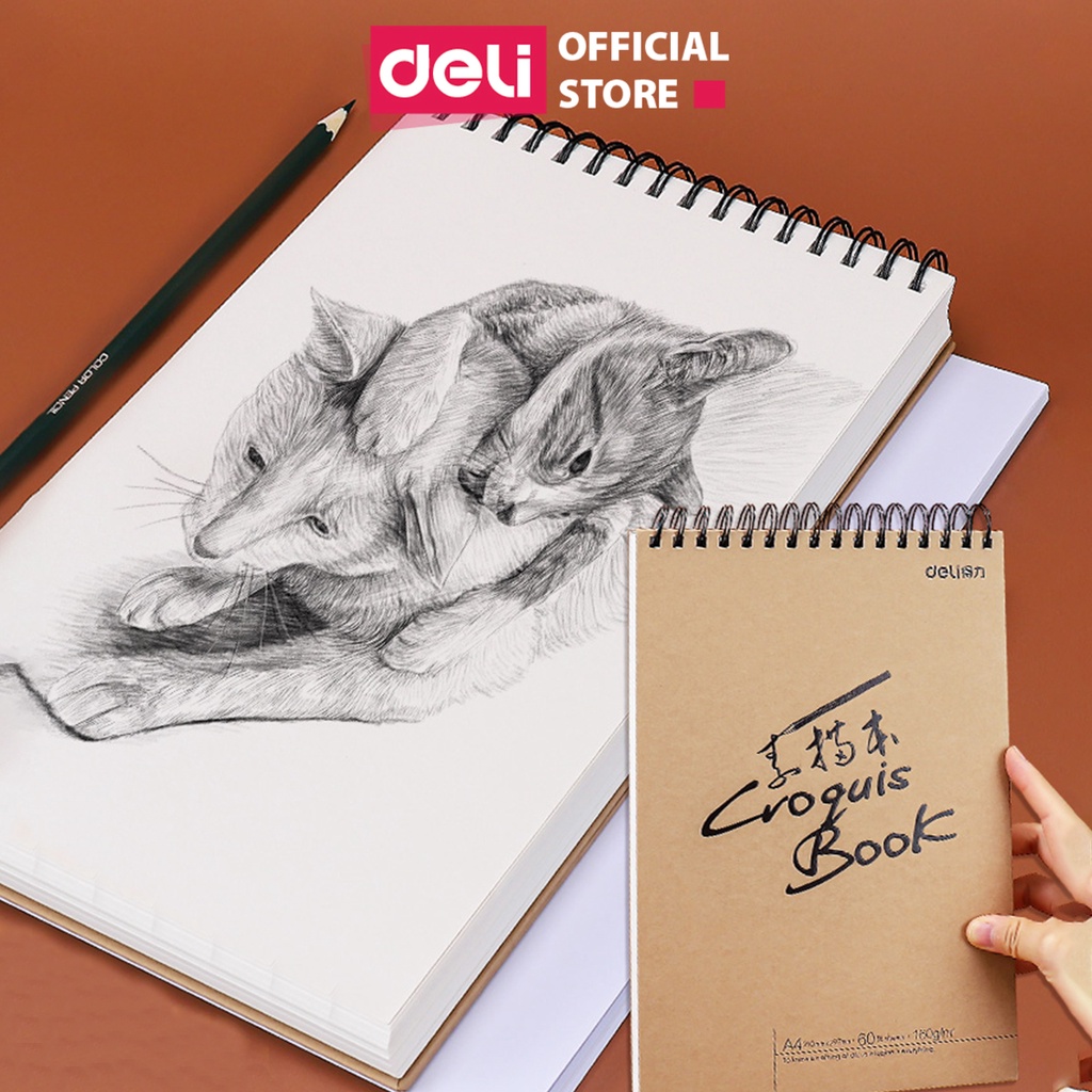 Sổ vẽ phác thảo siêu dày 40/ 60 trang Deli - Giấy định lượng 110gsm / 160gsm - Gáy lò xo - Khổ dọc A4 - 73357 / 73634
