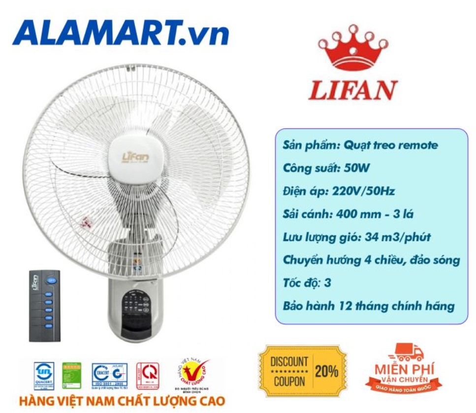 (XU HƯỚNG)Quạt điện,quạt treo tường Điều khiển từ xa,Quạt Treo Tường remote Lifan TE-1689,Quạt treo tường chọn lọc,nhiều mẫu mã, bền bỉ,giá tốt Đường kính cánh quạt 3 cánh - 40 cm