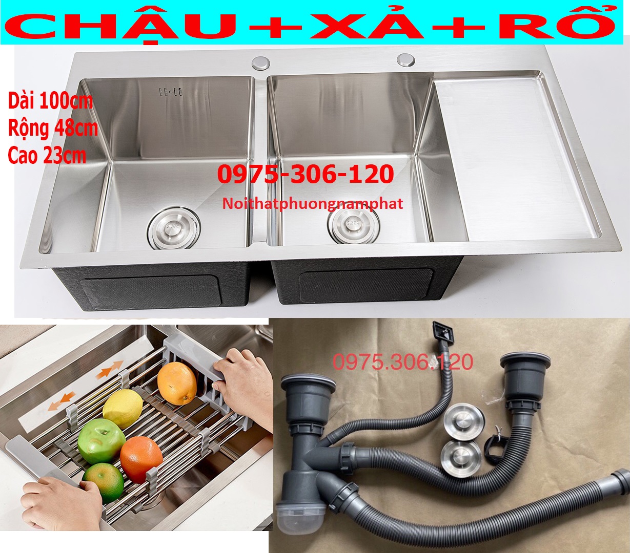 [HCM][CHẬU ĐÚC THỦ CÔNG] Combo Chậu Rửa Chén Bát INOX 304 N1 10048 NA.GRAND và Xả chậu Thoát Nước và Rổ Rửa Đa Năng