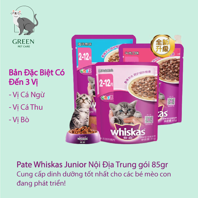 Pate Whiskas Junior nội địa Trung cho mèo con vị cá ngừ/cá thu/thịt bò gói 85gr
