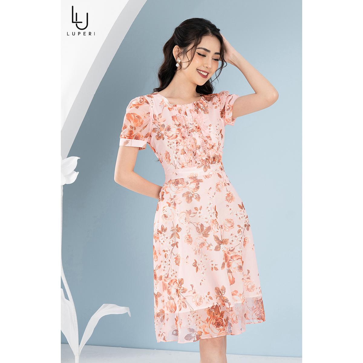 Đầm Hoa Hồng Dáng Xòe Nhẹ Nhàng Luperi LFV3291 thiết kế bèo nhún chiều dài đầm qua gối may 2 lớp chất liệu tơ cao cấp