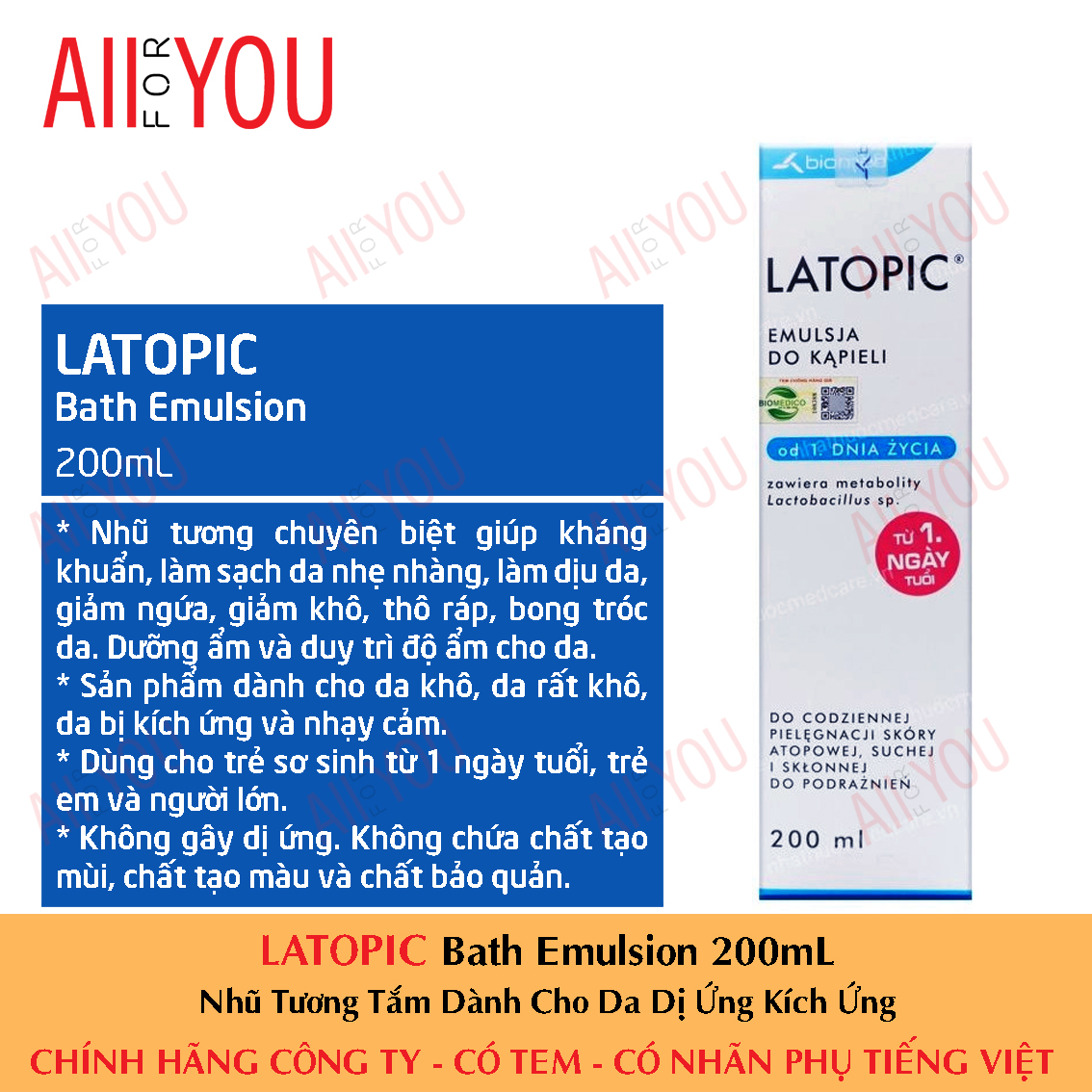[CHÍNH HÃNG CÓ TEM] LATOPIC Bath Emulsion 200 mL - Nhũ Tương Tắm Dành Cho Da Dị Ứng/Kích Ứng.
