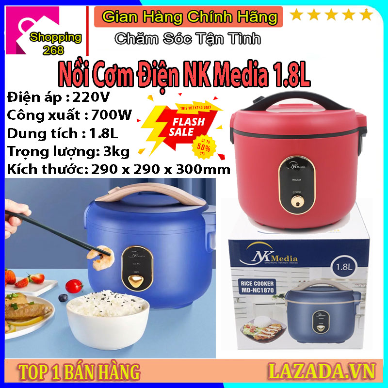 Nồi com điện mini NK-Media cao cấp lòng nồi siêu chống dính - Nồi cơm điện mini dung tích 1 lít 8 phù hợp cho 4 người ăn - Nồi cơm điện đa năng giá rẻ, nồi cơm điện tử thông minh, nồi cơm điện cao tần - Shopping 268