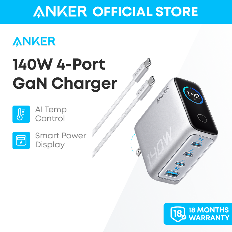 Anker Laptop Charger 140W USB-C Charger 4-Port Multi-Device Fast Charging Advanced GaN Power Adapter Intuitive Touch Controls Màn hình thông minh for iPhone 17 17 Air 17 Pro series MacBook Samsung Galaxy Pixel and More Model: B2697