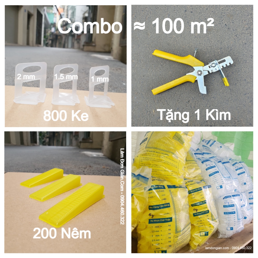 Lát tầm 100m2 - combo 1000 ke lát gạch gồm 800 ke móc và 200 nêm chốt - tặng kìm siết - kích thước mạch 1mm - 1.5mm - 2mm
