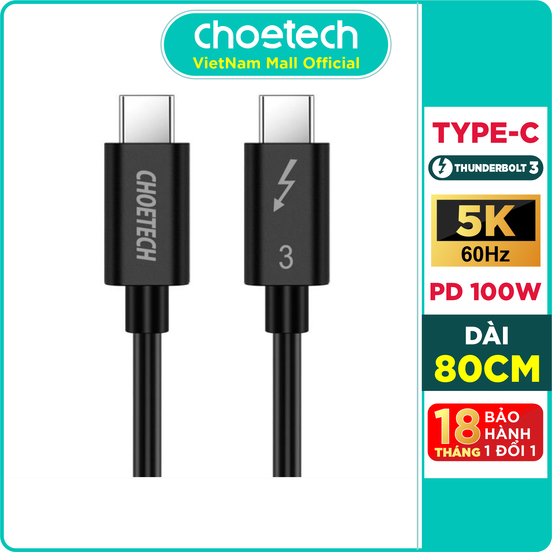 Dây Cáp Thunderbolt 3 40Gbps 5K/60Hz 100W Dài 0.7M CHOETECH A3007 - Hàng Chính Hãng